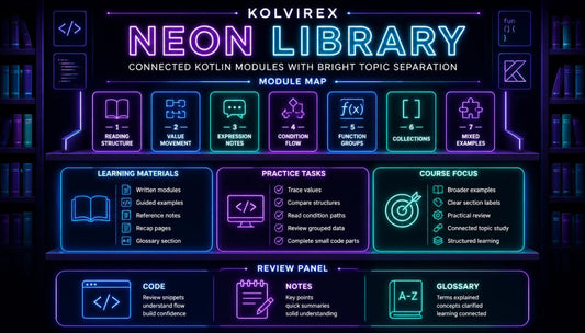 Neon library interface with various modules and features on a dark background
