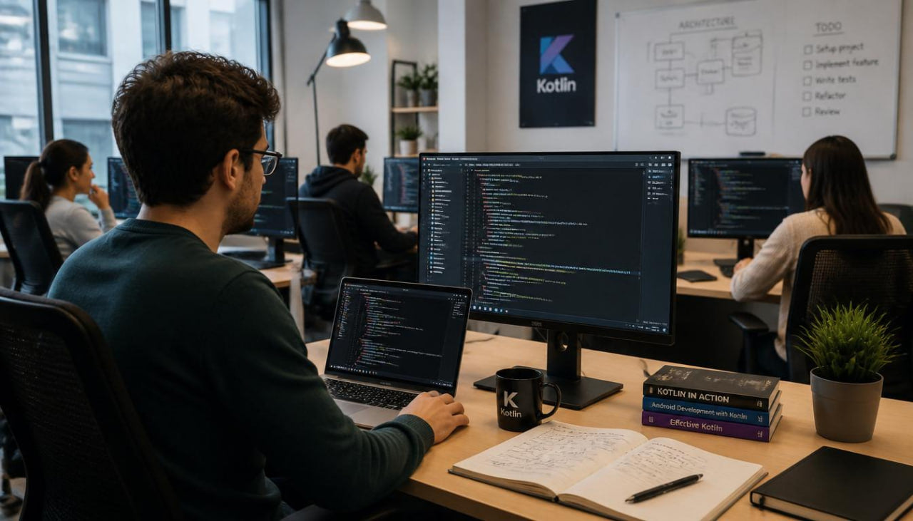 People working at computers in a modern office setting with Kotlin branding.