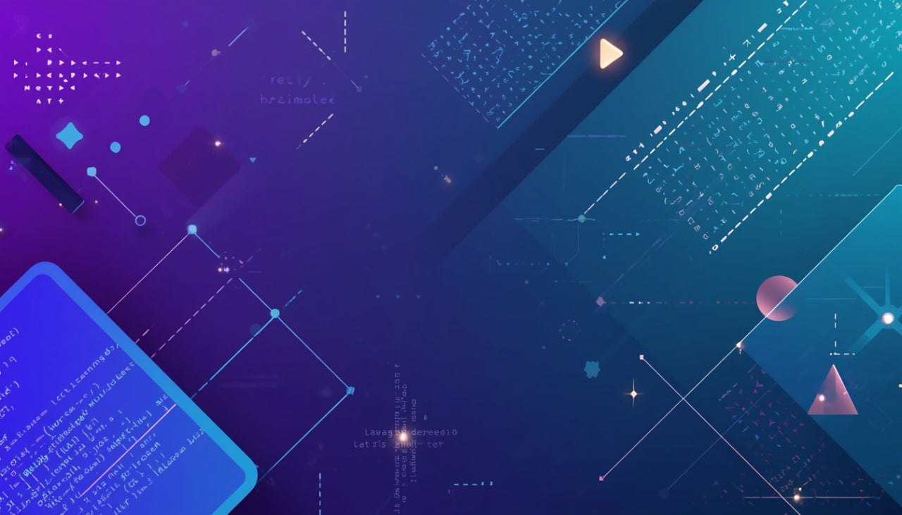 Technological background with blue and purple hues, featuring geometric shapes and lines.