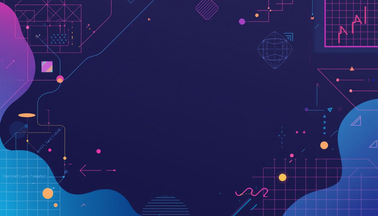 Geometric abstract design with lines, shapes, and dots on a dark blue background