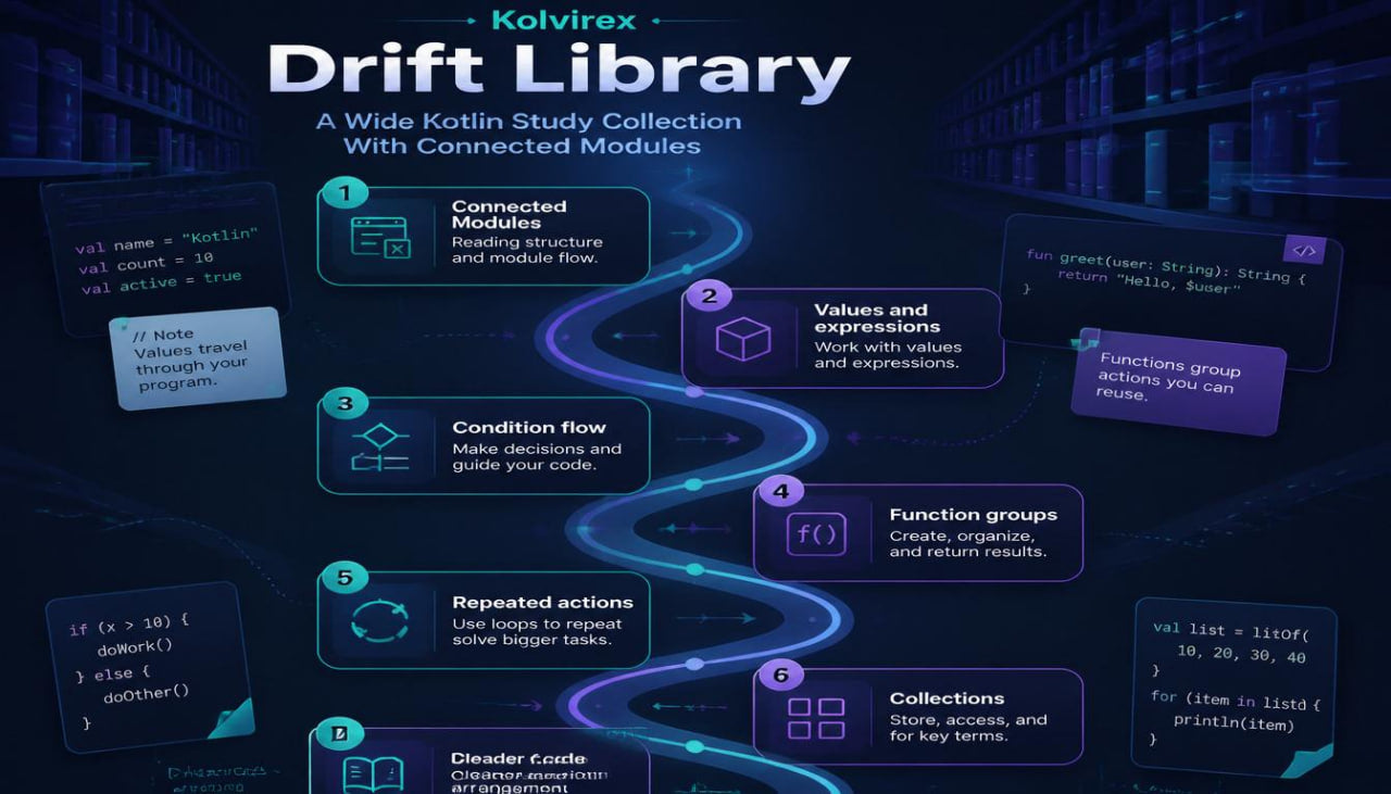 Kotlinx Drift Library diagram with connected modules on a dark background