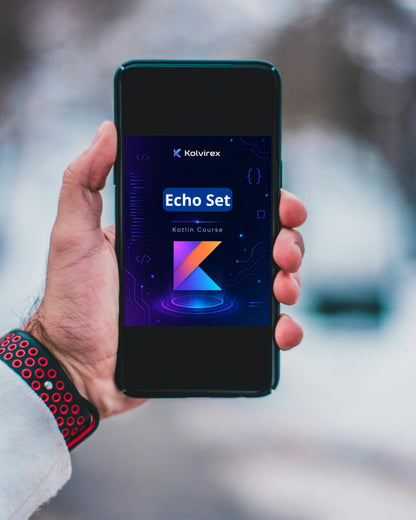 Hand holding a smartphone displaying the Kolvirex Echo Set app with a blurred outdoor background