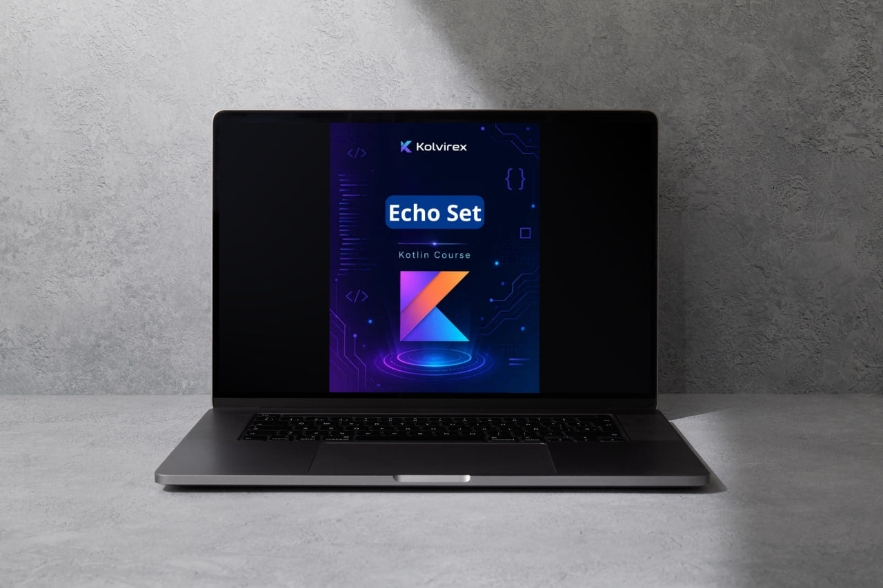 Laptop displaying a Kolvirex KOTLIN Course on a gray surface with a gray background