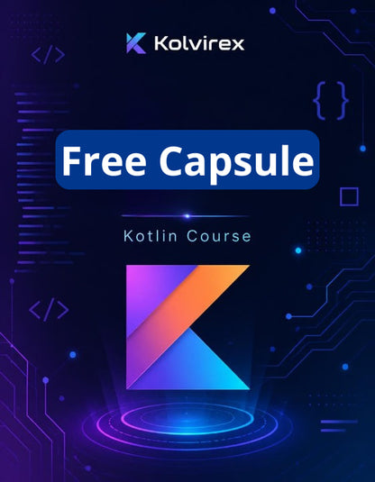 Promotional graphic for a free Kotlin course capsule by Kolvirex on a dark blue background with coding elements.