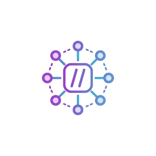 Logo with a central square and circular elements on a white background