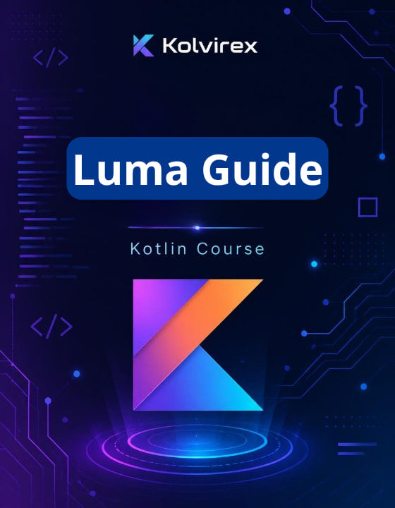 Kolvirex Luma Guide Kotlin Course cover with coding elements and Kolvirex logo.
