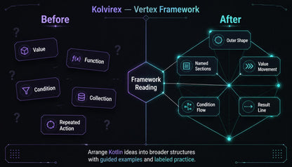 Diagram comparing Kolvirex Vertex Framework 'Before' and 'After' with technical terms and concepts.
